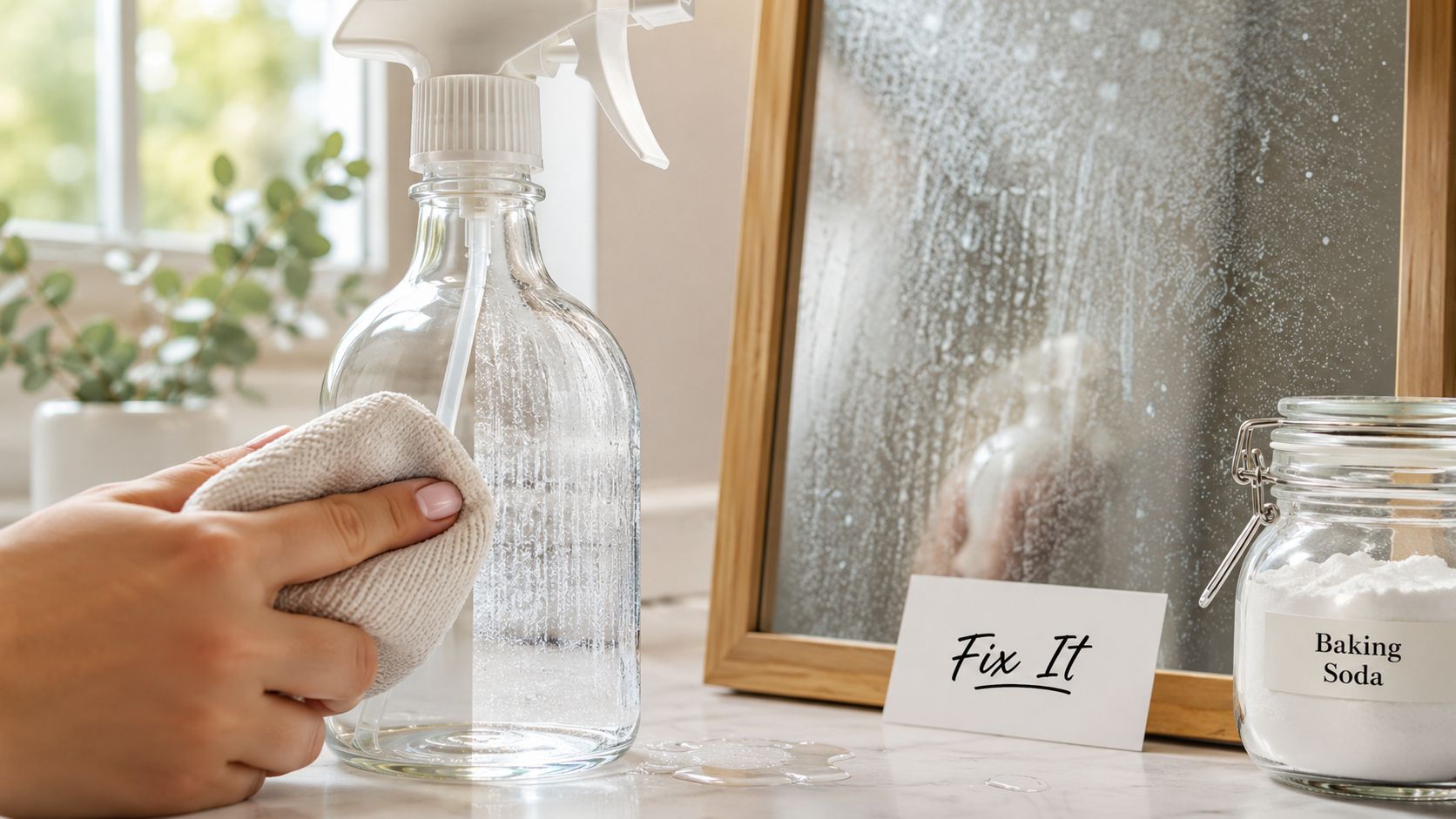 A hand holding a microfiber cloth while cleaning a glass spray bottle next to baking soda.