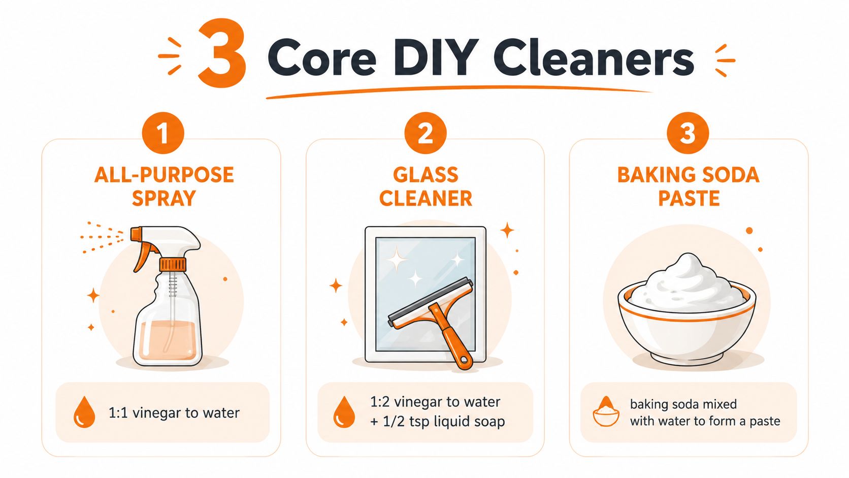 An infographic showing three simple recipes for DIY all-purpose spray, glass cleaner, and baking soda paste.