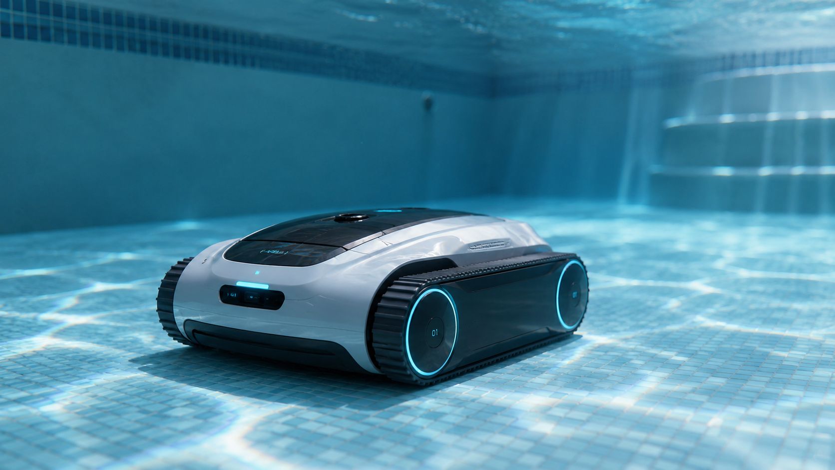 A modern, white robotic pool vacuum cleaning the tiled floor of a clear blue swimming pool.