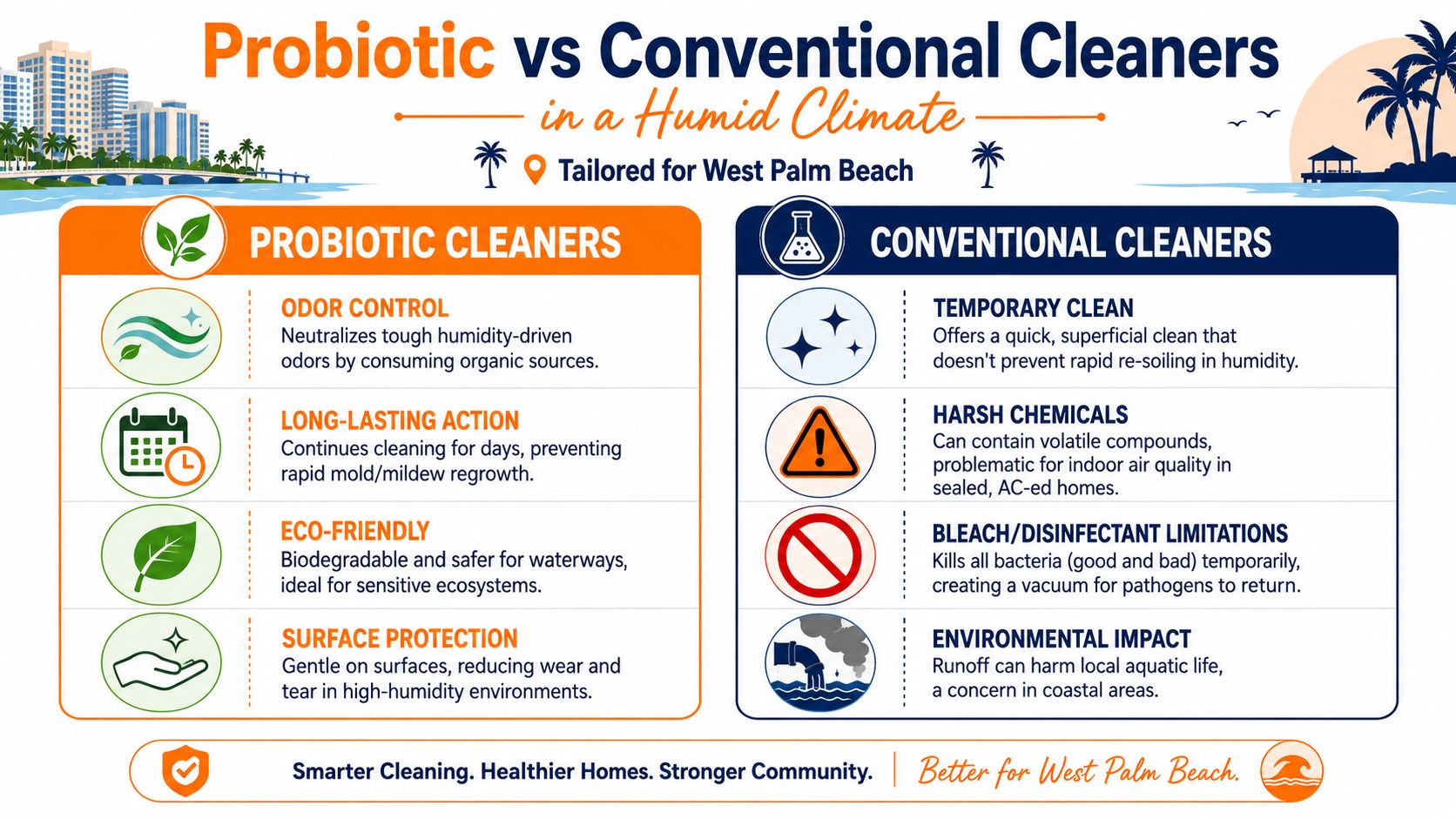 A comparison infographic between probiotic cleaners and conventional cleaners specifically for humid coastal climates like West Palm Beach.
