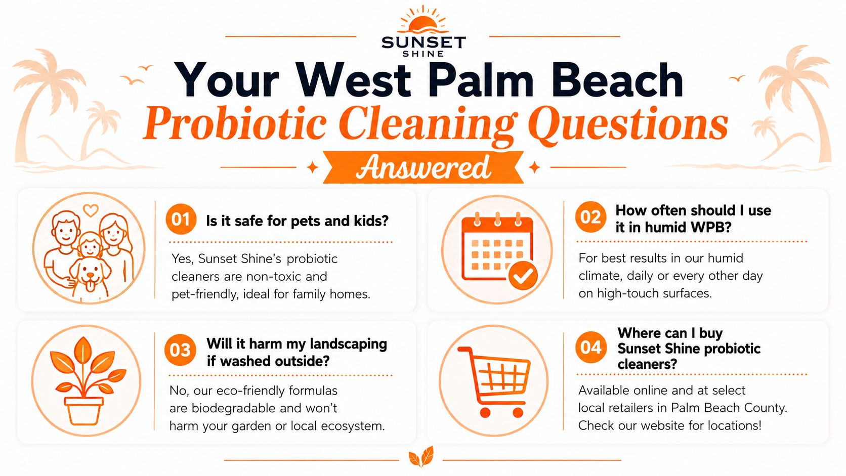An infographic answering frequently asked questions about Sunset Shine probiotic cleaning products for homes in West Palm Beach.