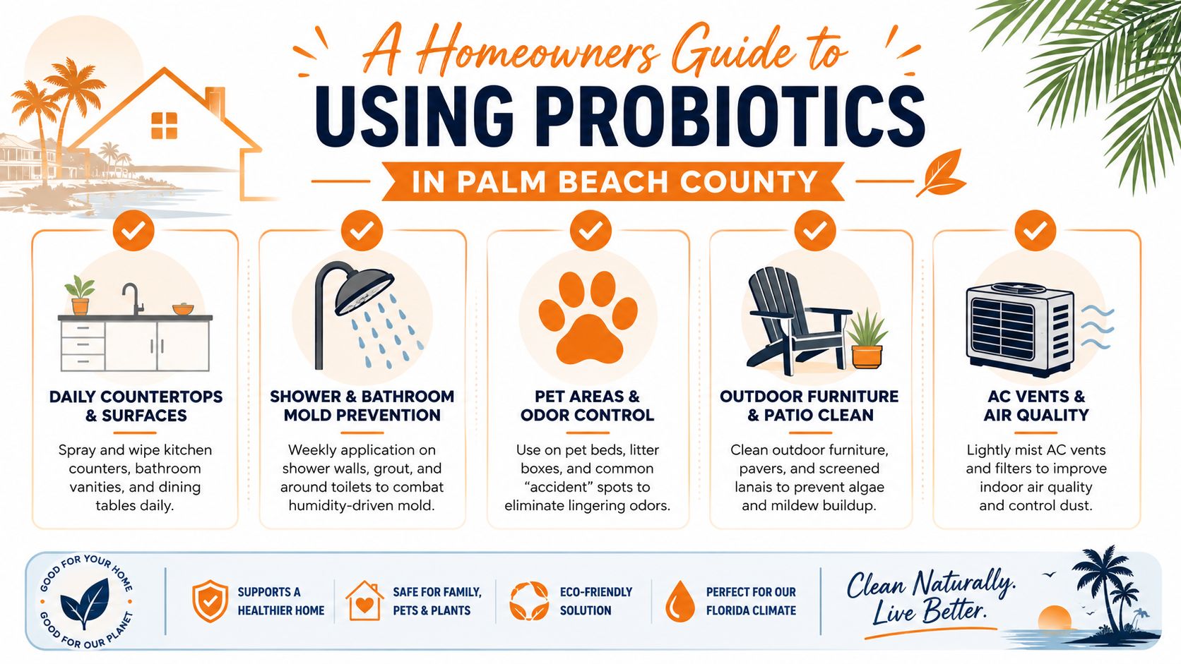 An infographic illustrating five ways to use probiotic cleaning products for homes in Palm Beach County.