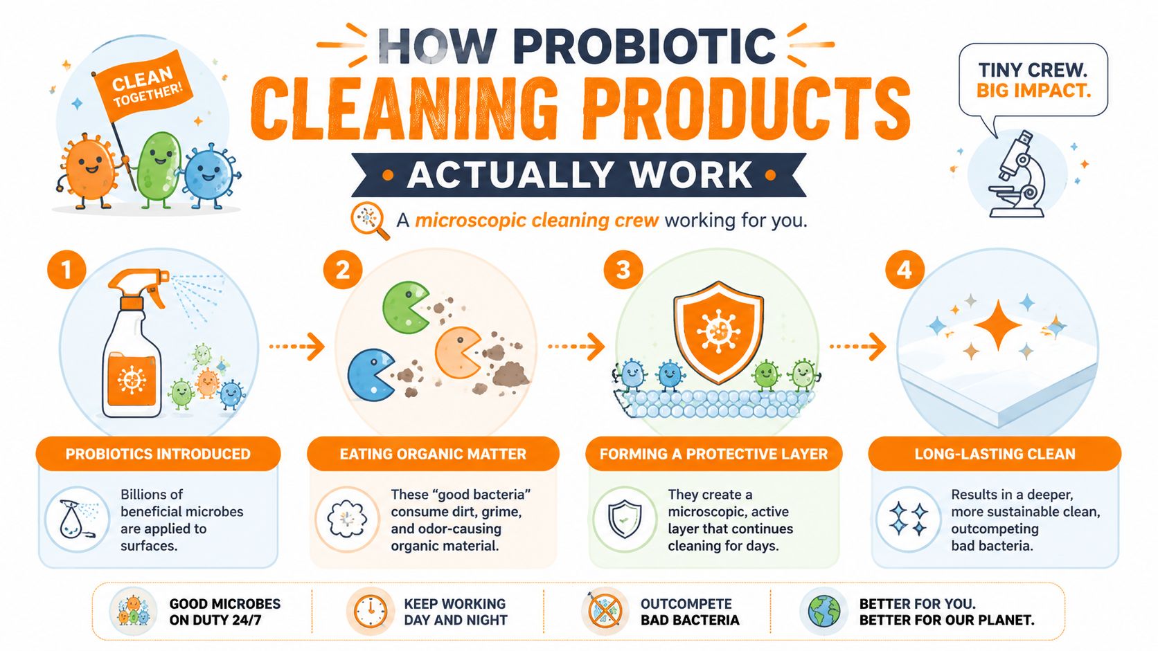 An infographic showing the four steps of how probiotic cleaning products use good bacteria to clean surfaces.