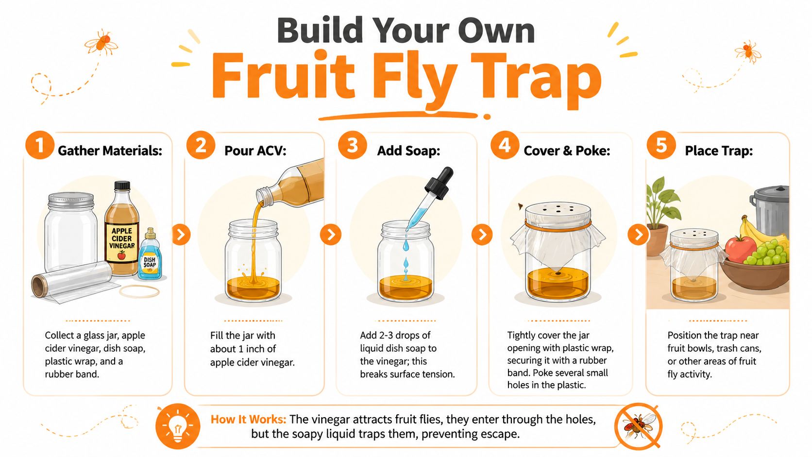 An infographic showing five easy steps to create a homemade fruit fly trap using household items.