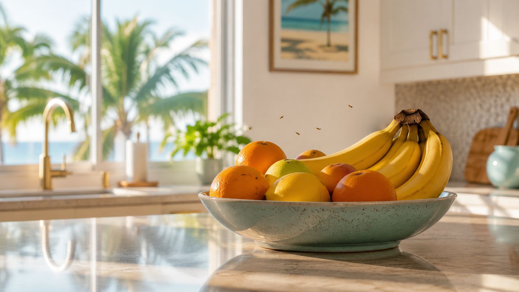 A bowl of fresh fruit on a kitchen counter with small fruit flies buzzing around it.