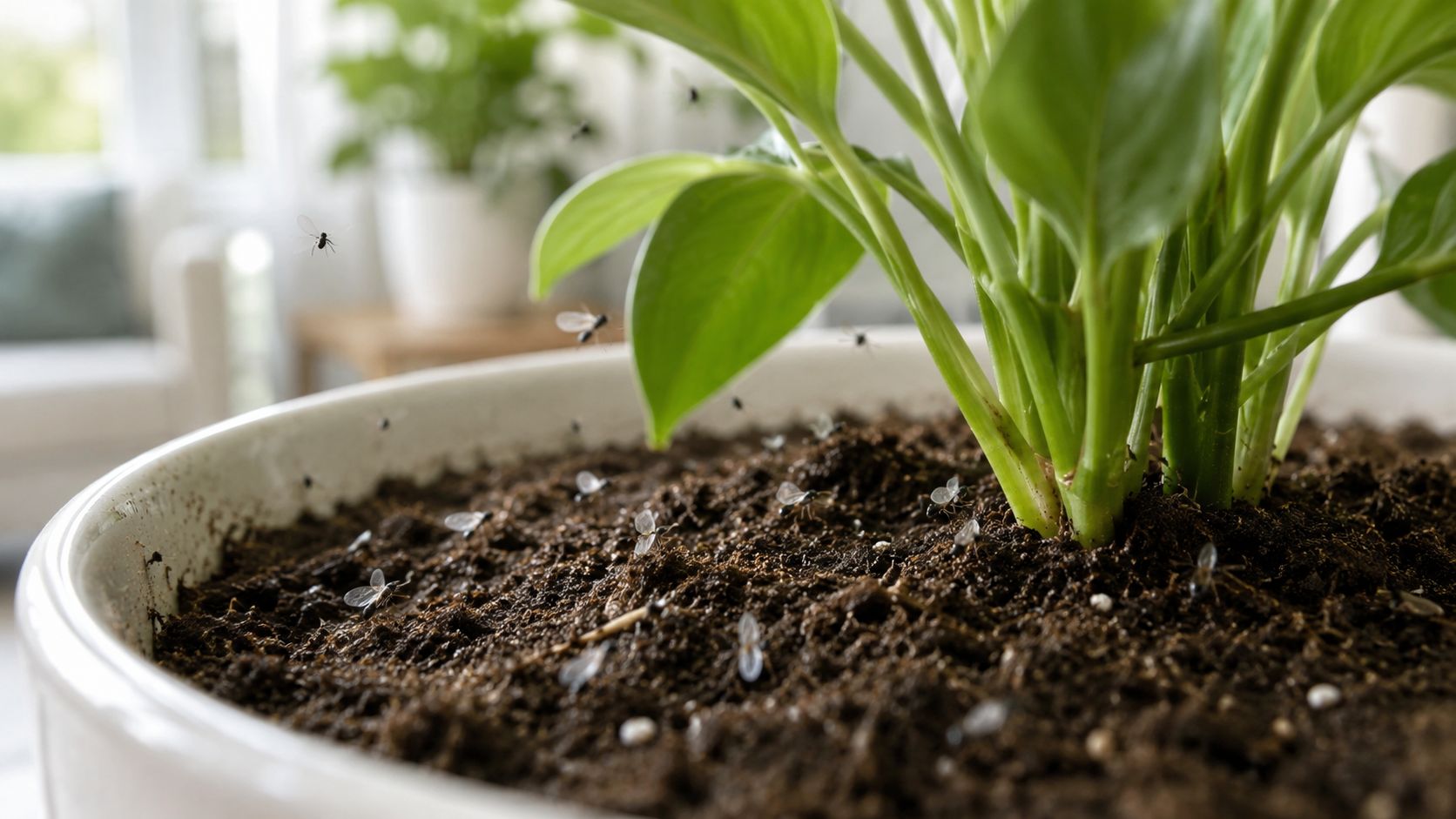 A houseplant in a white pot infested with small fungus gnats on the dark moist soil surface.