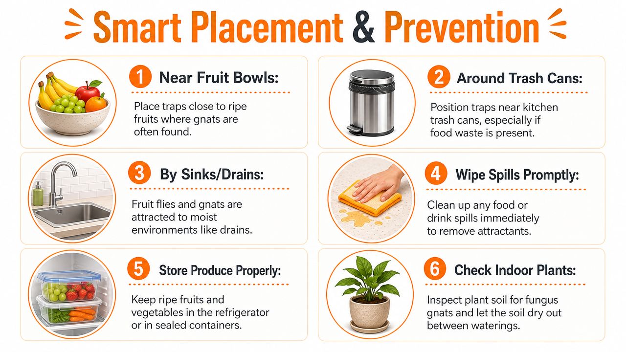 An infographic detailing six effective strategies for placing traps and preventing fruit flies and gnats at home.