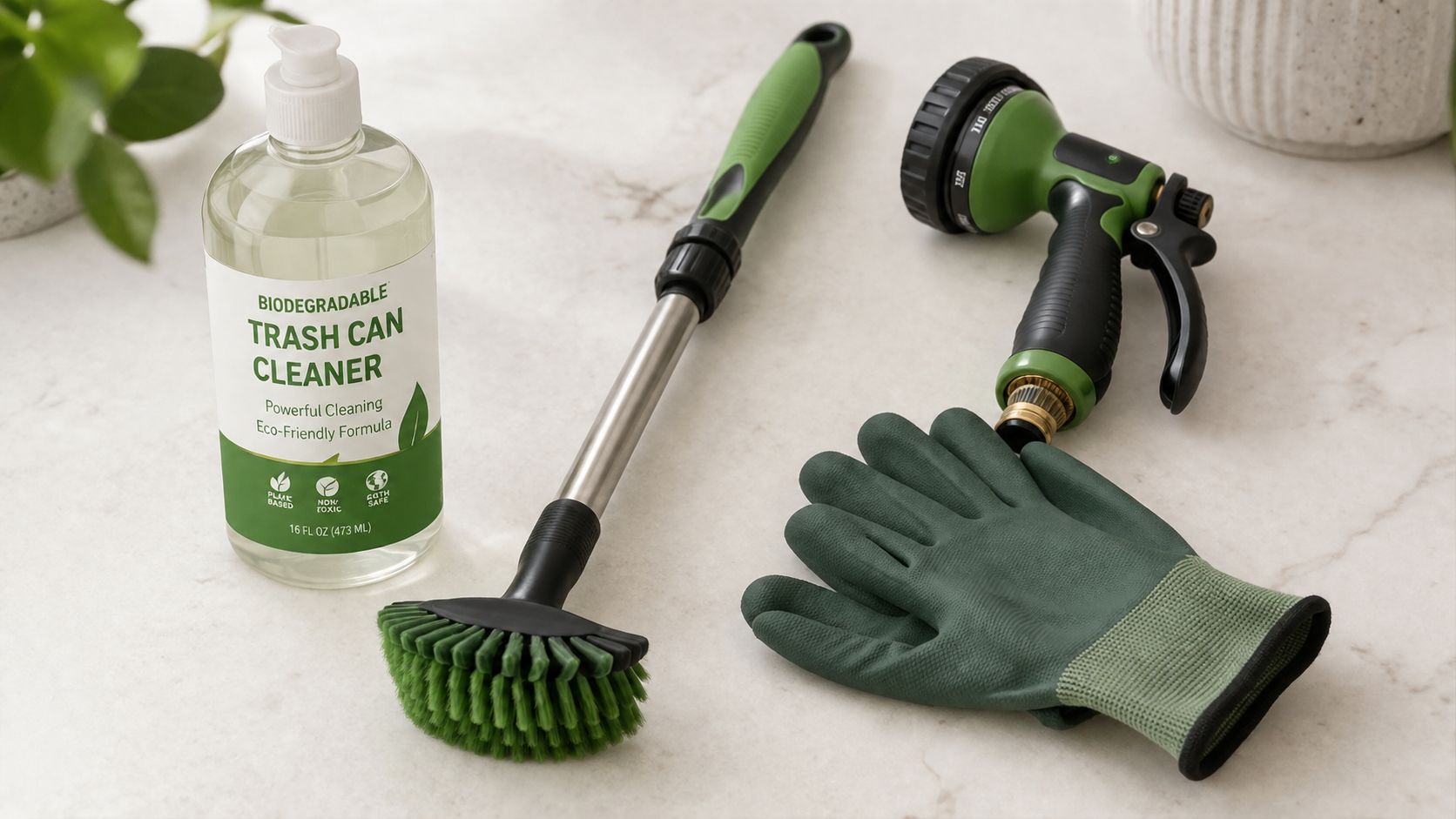 Cleaning supplies for a trash can including a bottle of cleaner, a scrub brush, gloves, and sprayer.