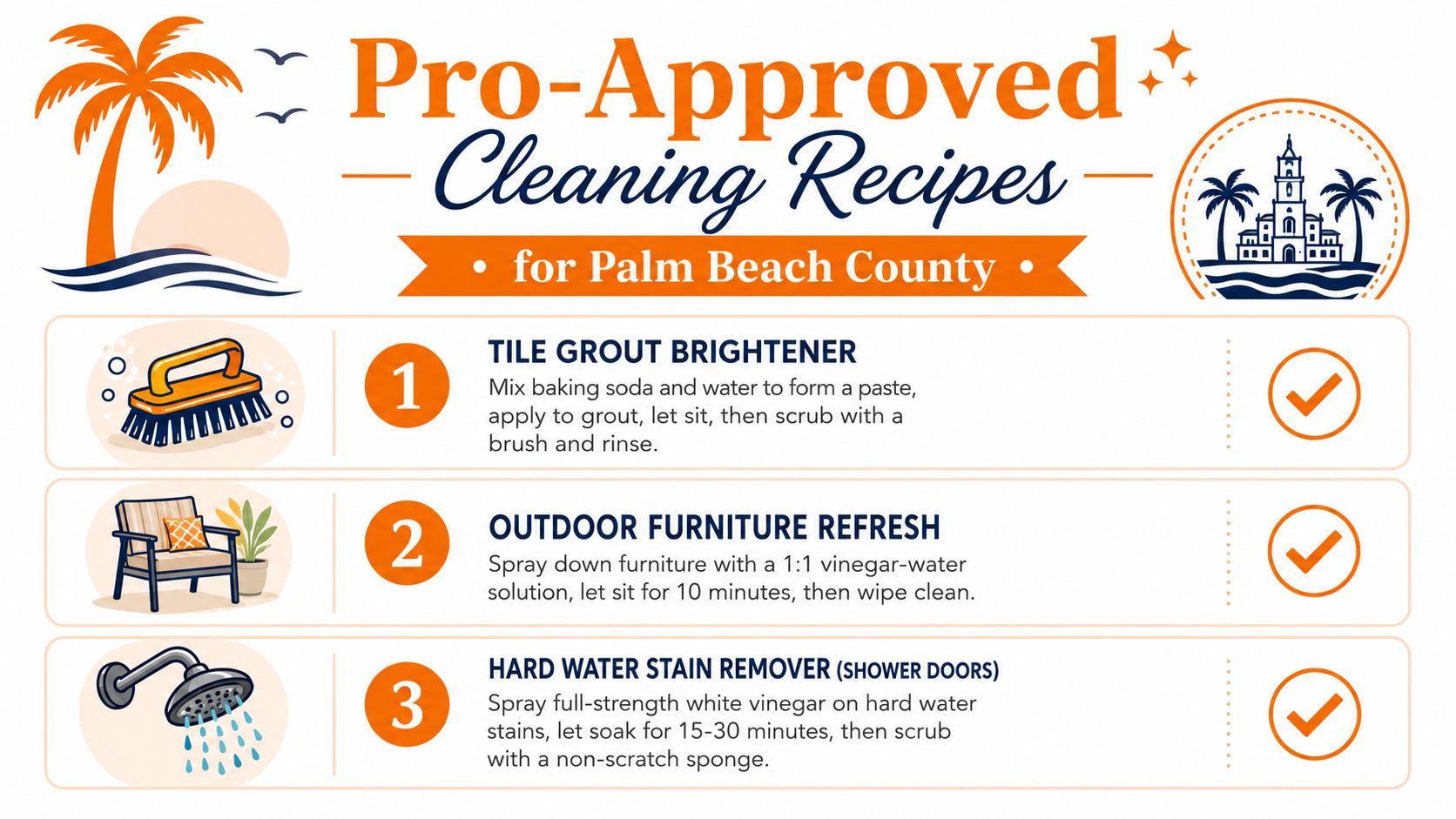 A professional infographic titled Pro-Approved Cleaning Recipes for Palm Beach County showing DIY cleaning solutions.