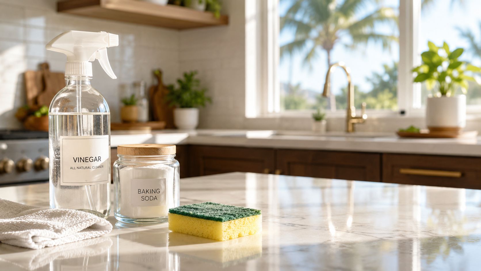 A clean kitchen countertop featuring a glass spray bottle of vinegar, baking soda jar, and a sponge.