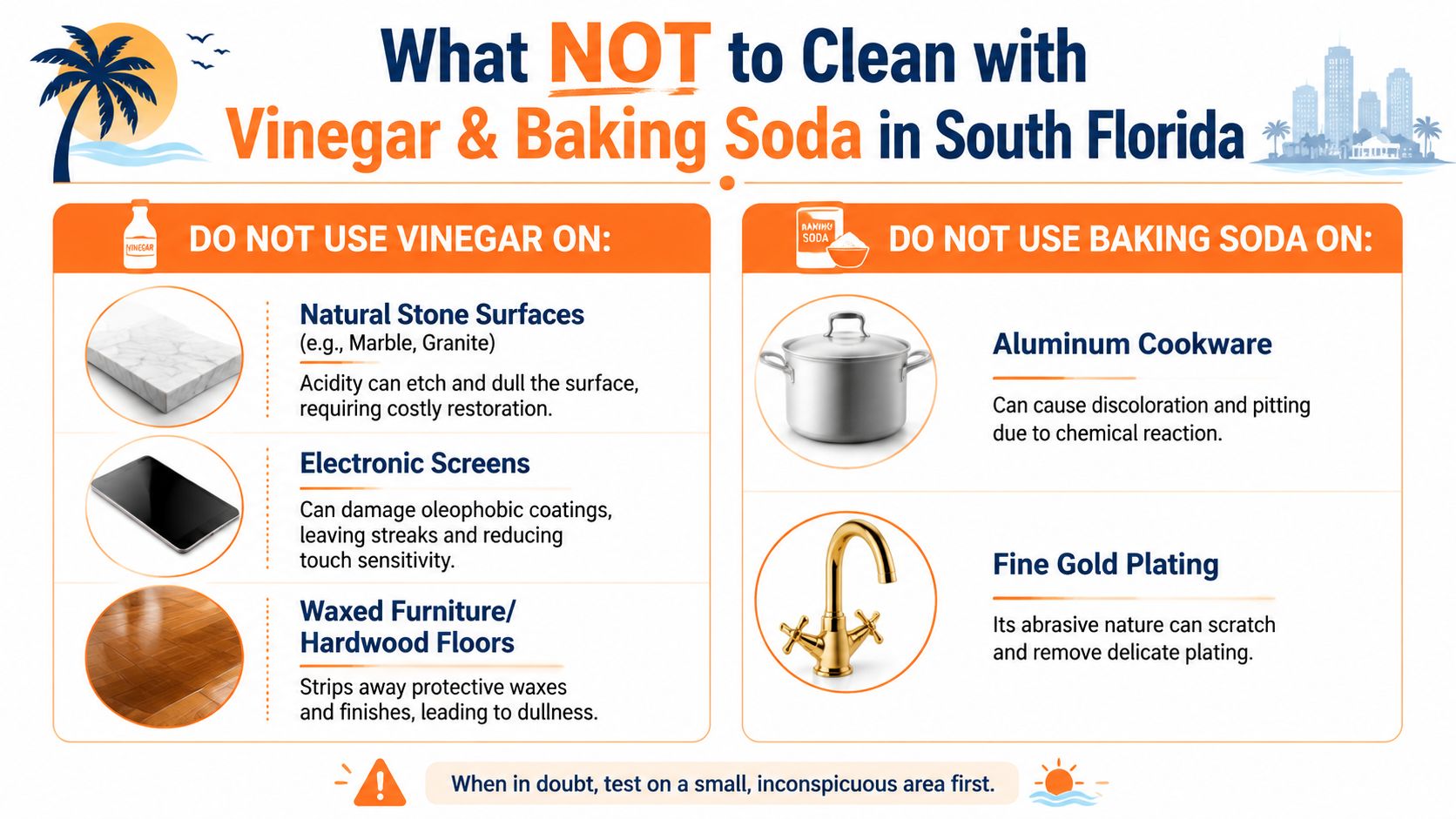 An infographic detailing surfaces and items that should not be cleaned with vinegar or baking soda.