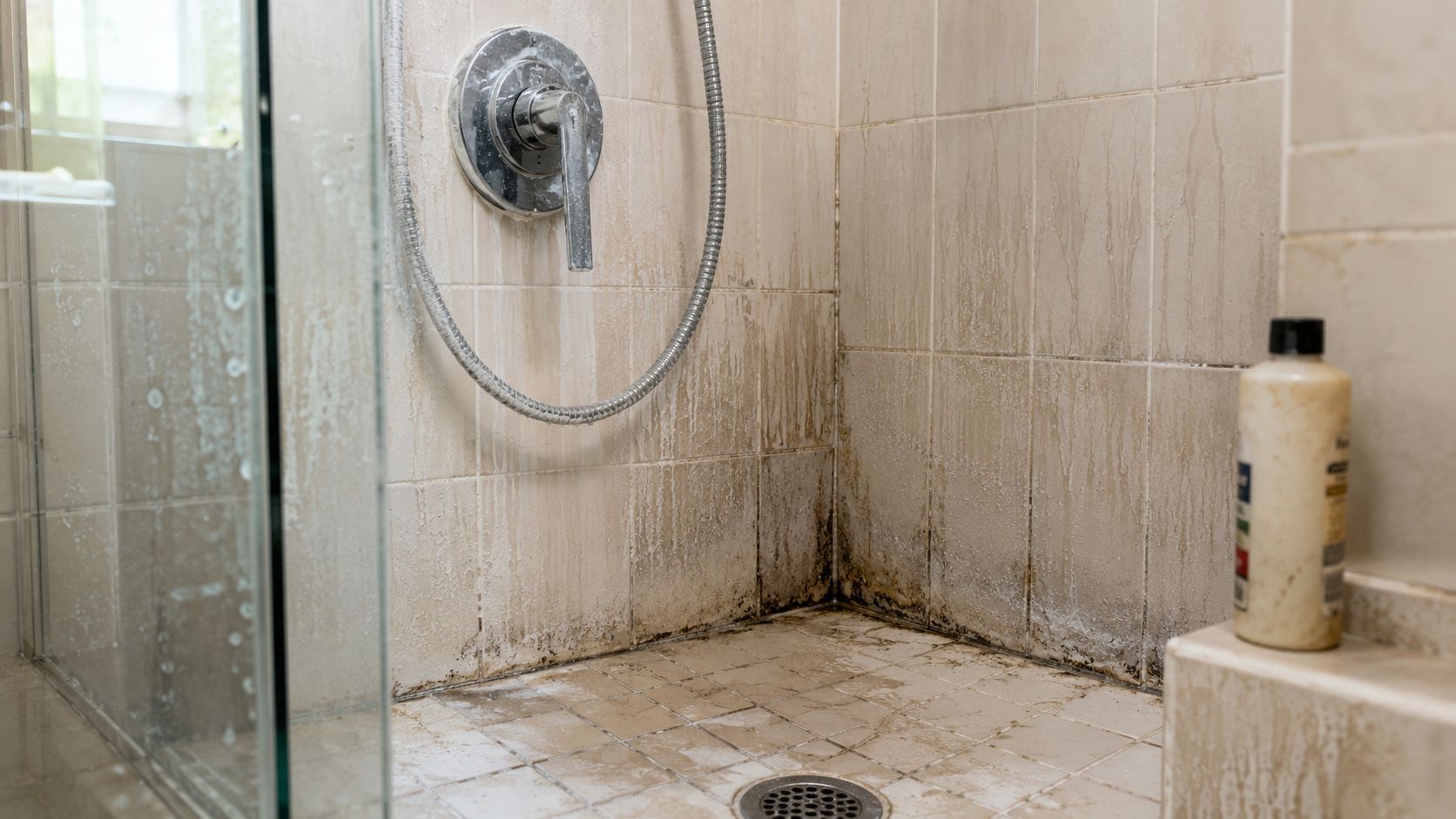 Dirty shower corner with heavy soap scum and mold buildup on tiles and grout lines.