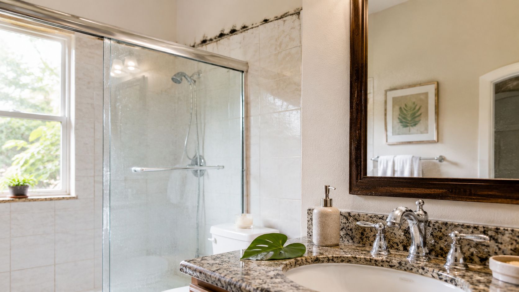 A modern bathroom vanity with granite countertop and a shower enclosure showing signs of mold damage.