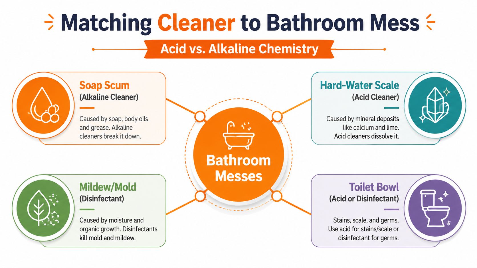An infographic titled Matching Cleaner to Bathroom Mess explaining the use of acid, alkaline, and disinfectant cleaners.