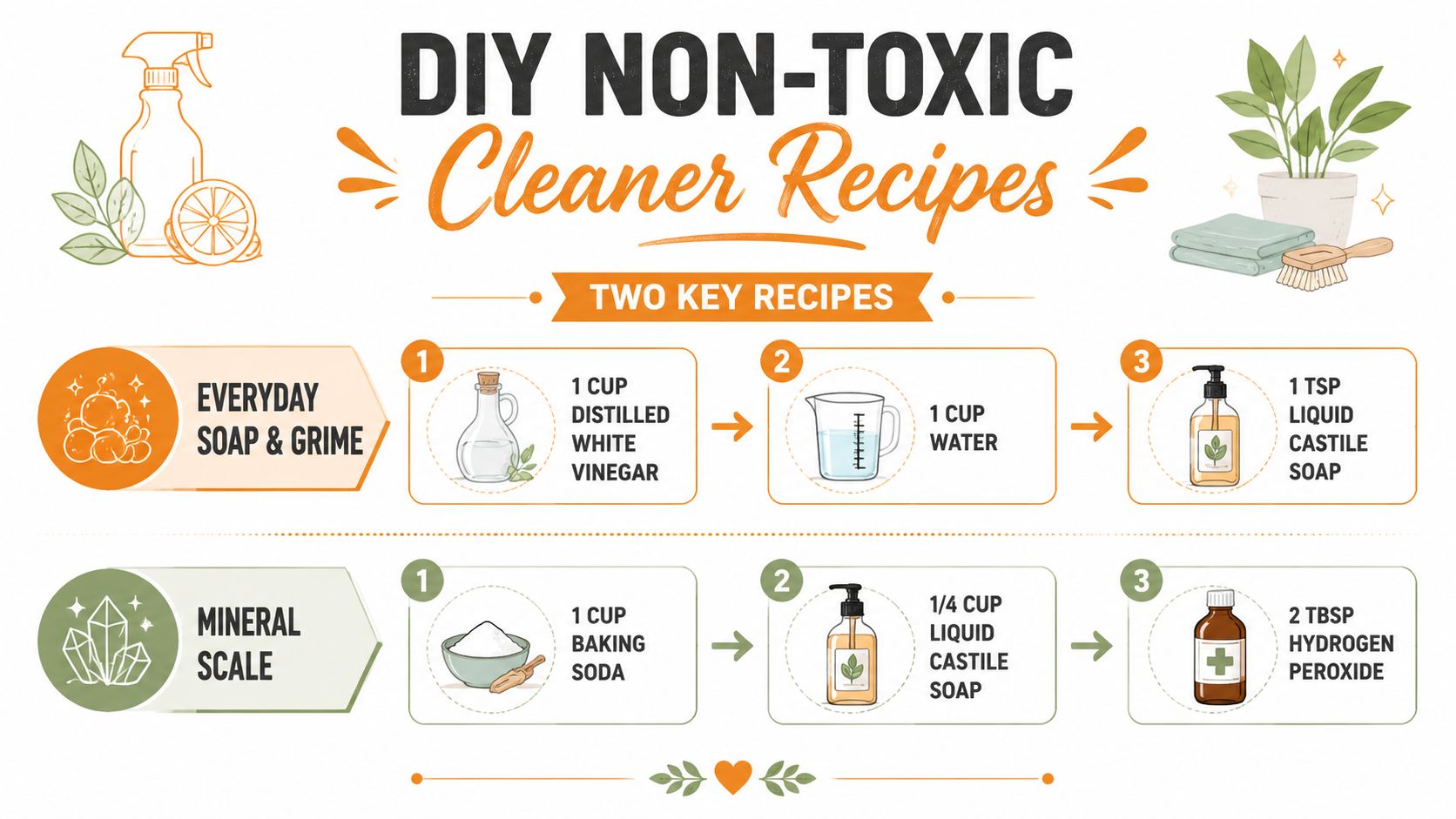 An infographic showing two simple DIY recipes for non-toxic cleaners targeting soap scum and mineral scale deposits.