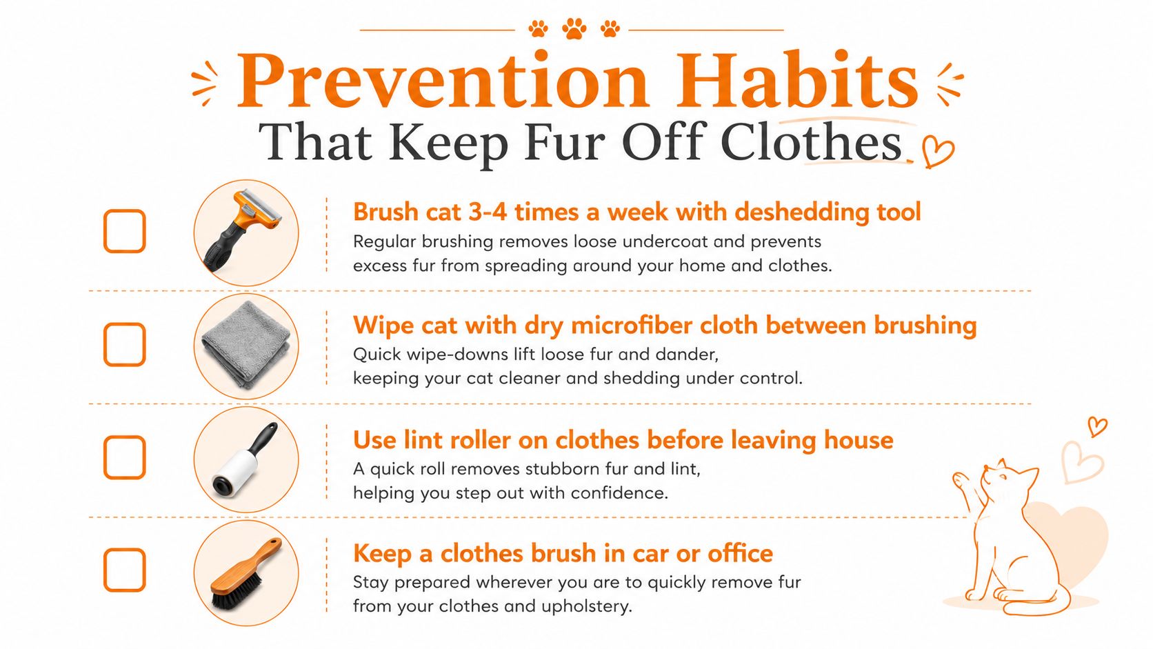 A list of four helpful tips for removing cat fur from clothes to help pet owners stay clean.