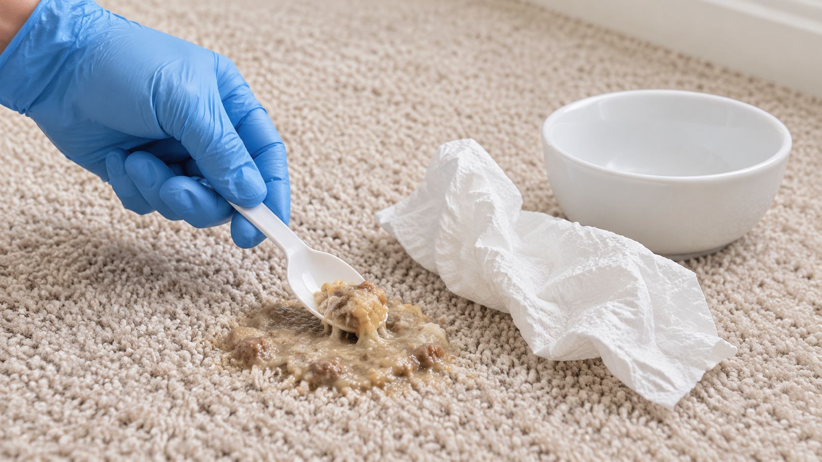 A gloved hand uses a white plastic spoon to clean cat vomit off of a beige carpet.