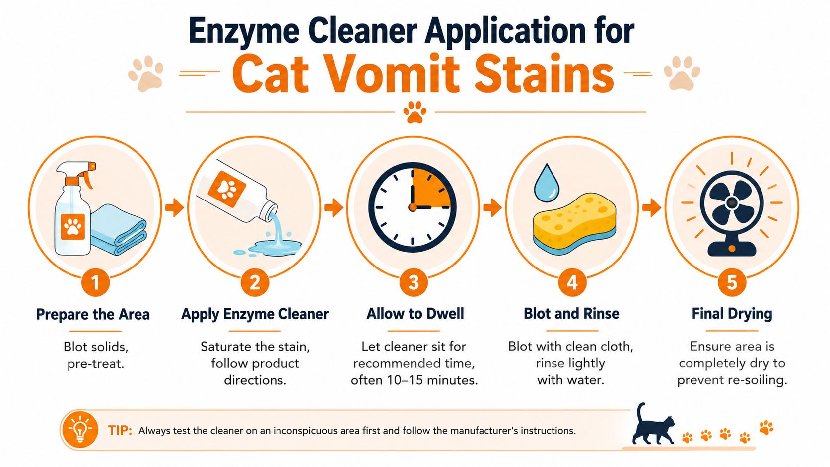 A five-step infographic showing how to clean cat vomit stains using an enzyme cleaner on carpet.