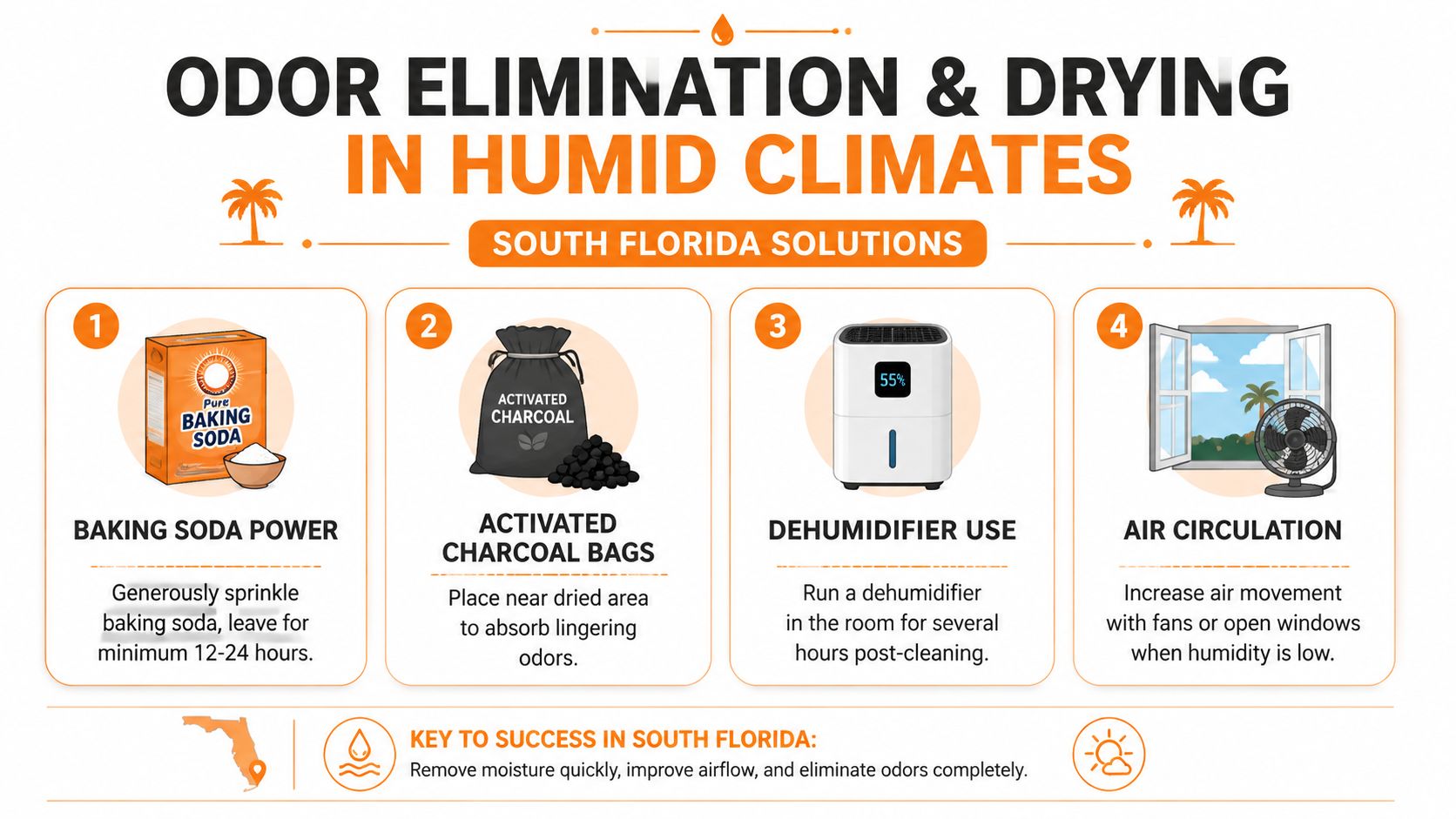 An infographic showing four effective tips for odor elimination and drying surfaces in humid climates.