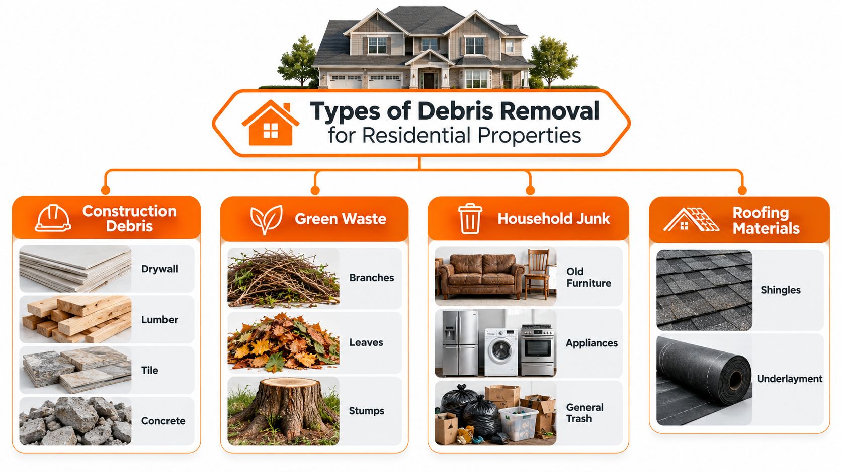 An infographic showing four main categories of residential debris removal including construction debris, green waste, household junk, and roofing.