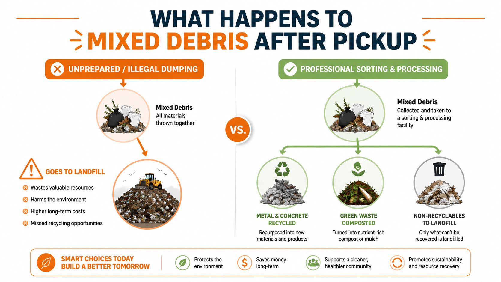 An infographic comparing the negative impacts of illegal dumping versus the environmental benefits of professional waste sorting.