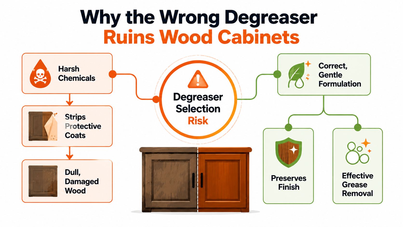 An infographic illustrating how harsh chemical degreasers damage wood cabinet finishes compared to gentle, effective cleaning alternatives.
