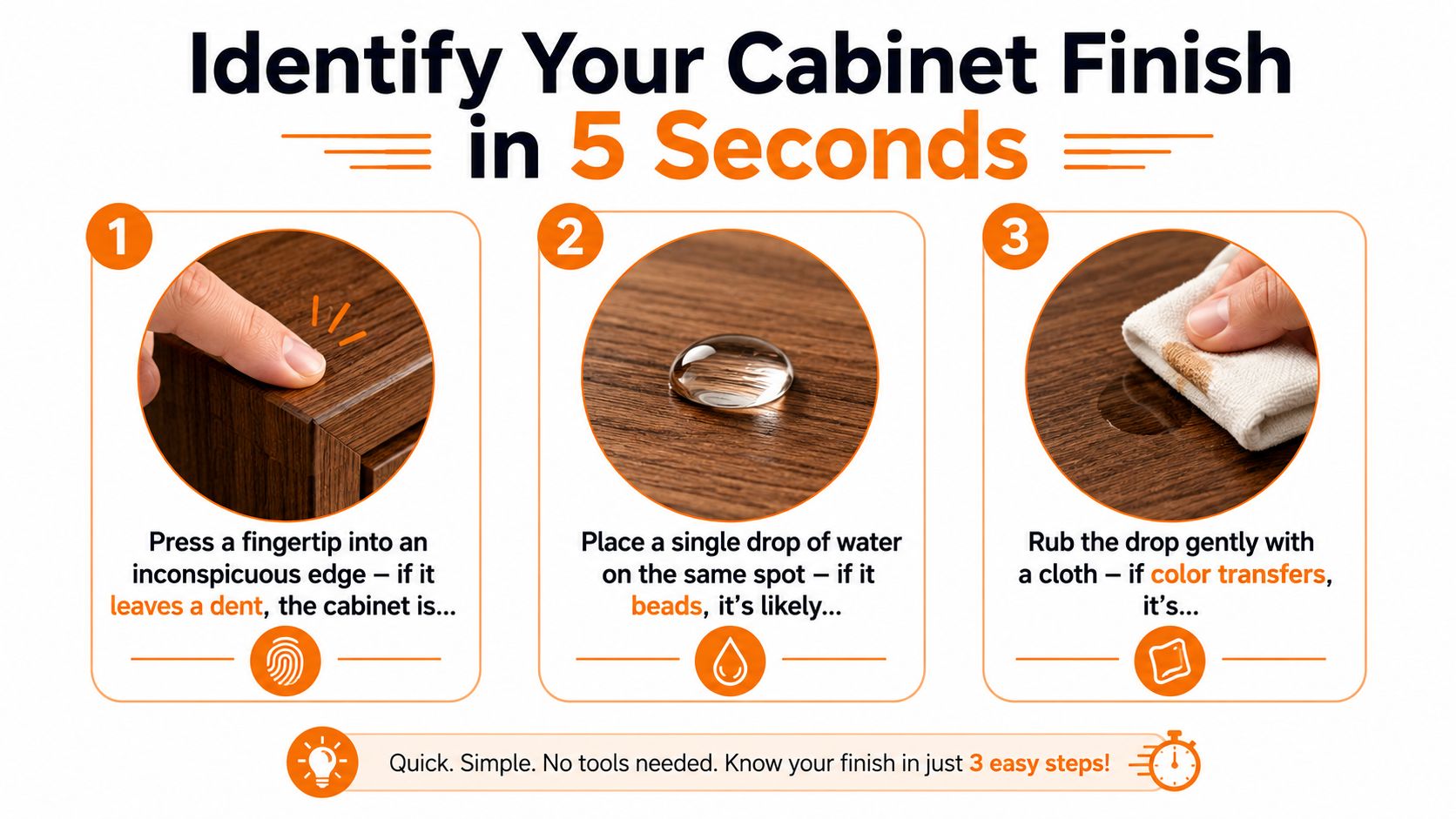 An infographic showing three easy steps to identify cabinet finishes by testing for dents, water beading, and color transfer.