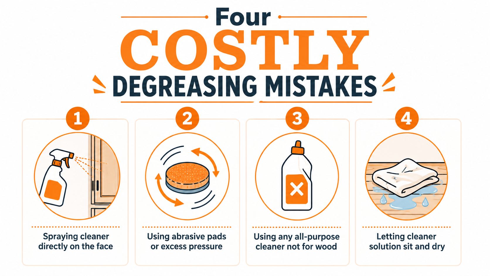 An infographic showing four common mistakes to avoid when degreasing wooden kitchen cabinets to prevent surface damage.