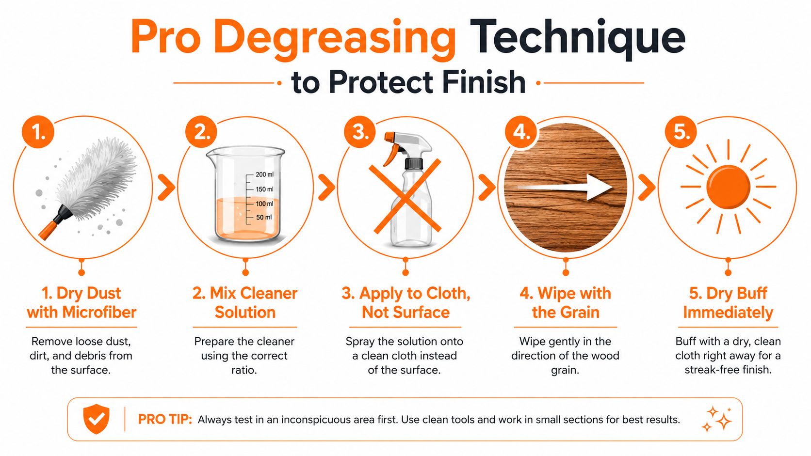 A five-step infographic showing professional wood degreasing techniques for protecting furniture and cabinet finishes.
