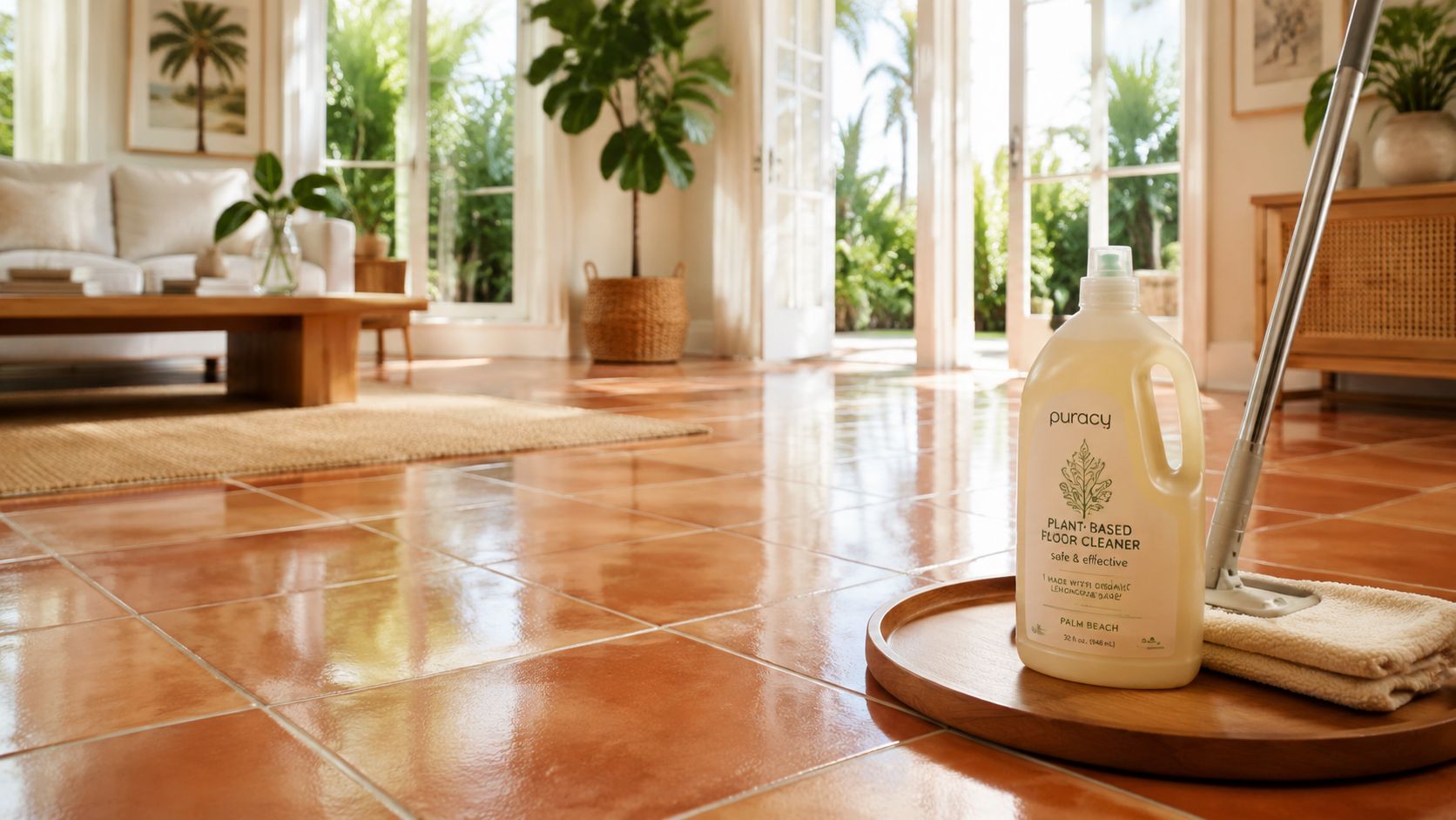A bottle of Puracy plant-based floor cleaner resting on a wooden tray with a mop in a sunlit room.
