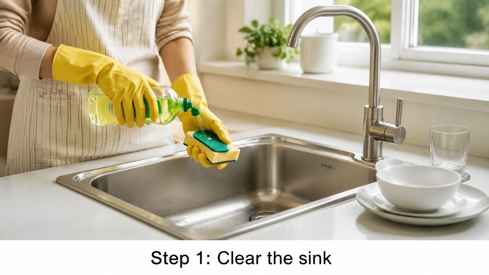A person wearing yellow rubber gloves squeezing dish soap onto a cleaning sponge near a kitchen sink.