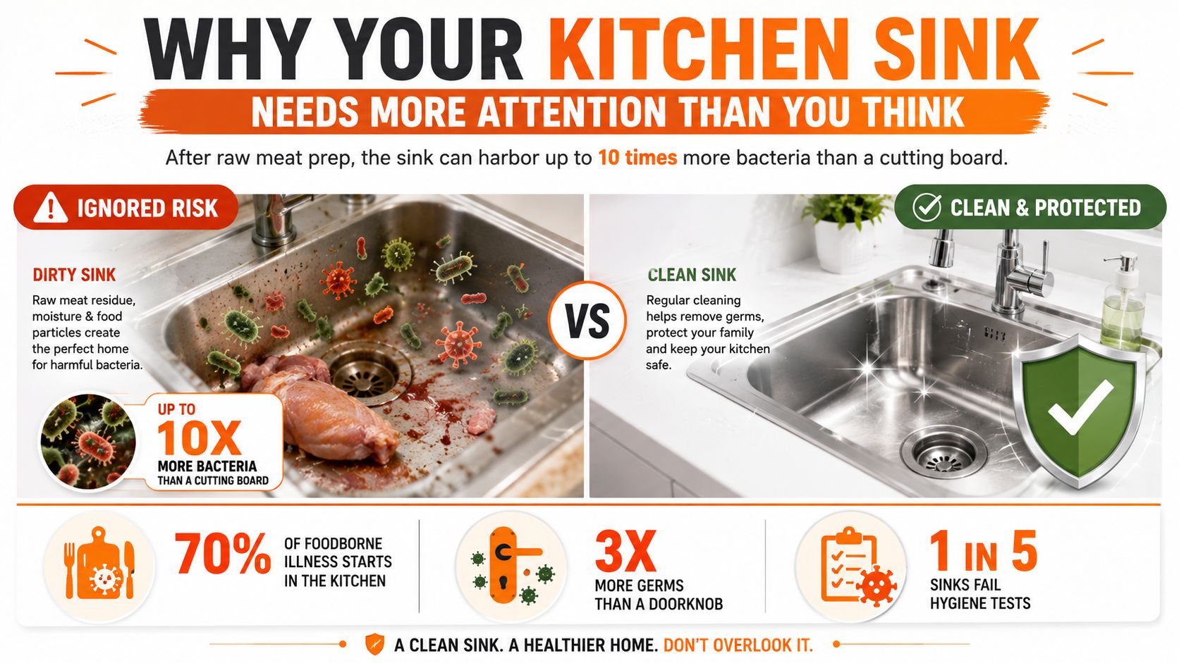 An infographic comparing a dirty, bacteria-filled kitchen sink to a clean one, highlighting important kitchen hygiene facts.