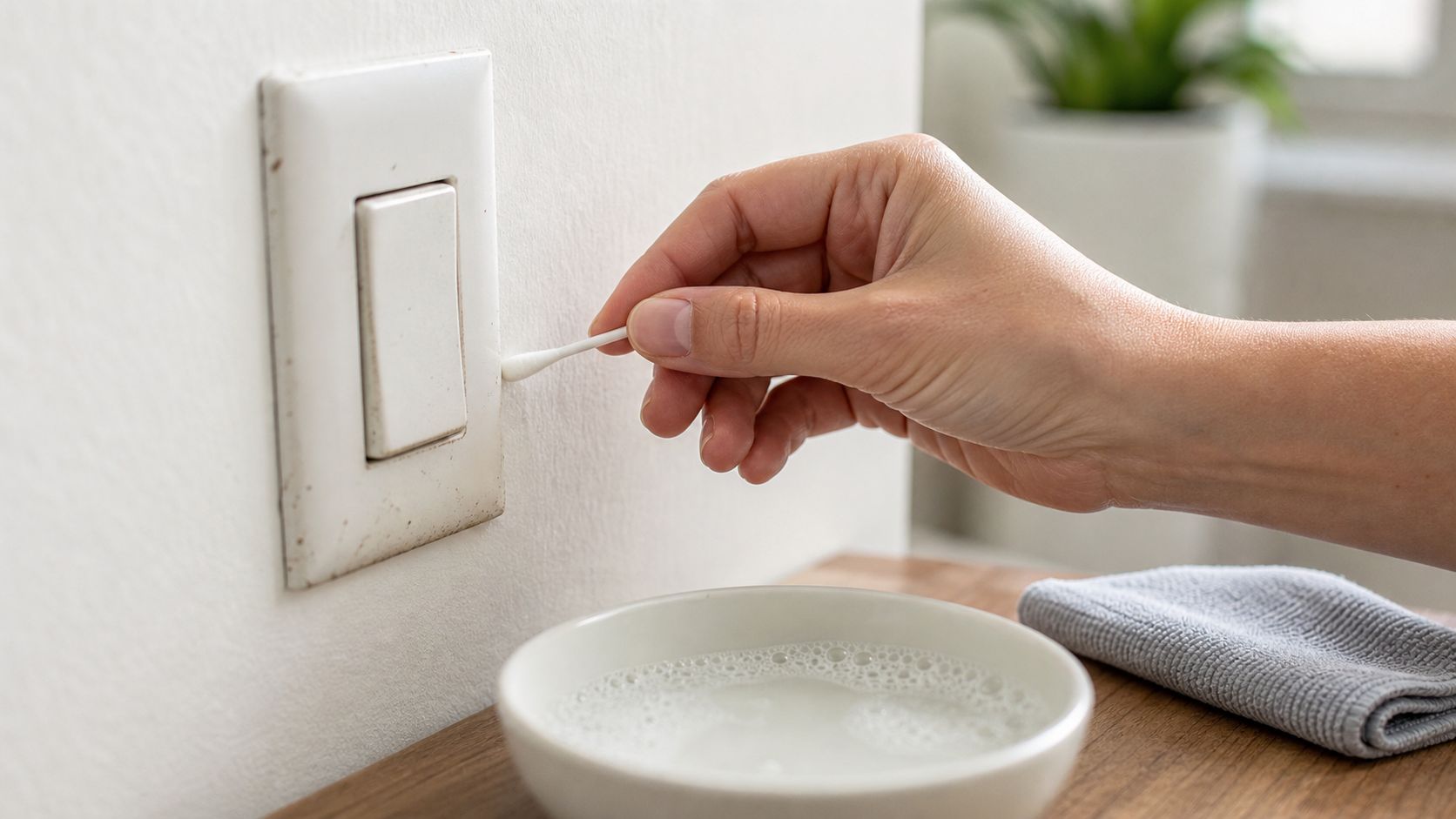 A person using a cotton swab to clean the edges of a light switch with soapy water.
