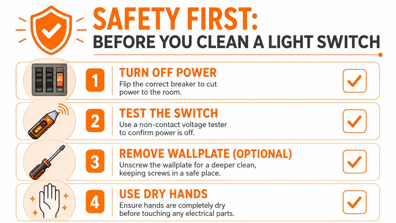 An infographic titled Safety First outlining four essential steps for safely cleaning home light switches.