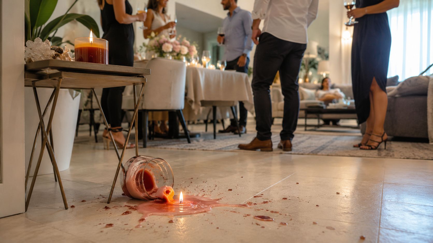 A fallen glass candle lies on a white tiled floor, leaking melted pink wax during a party.