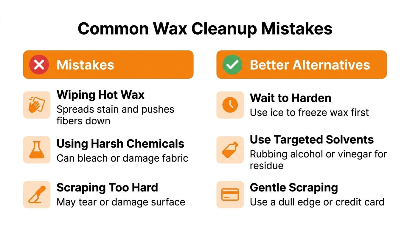 An infographic titled Common Wax Cleanup Mistakes, detailing what to avoid and better alternatives for wax removal.