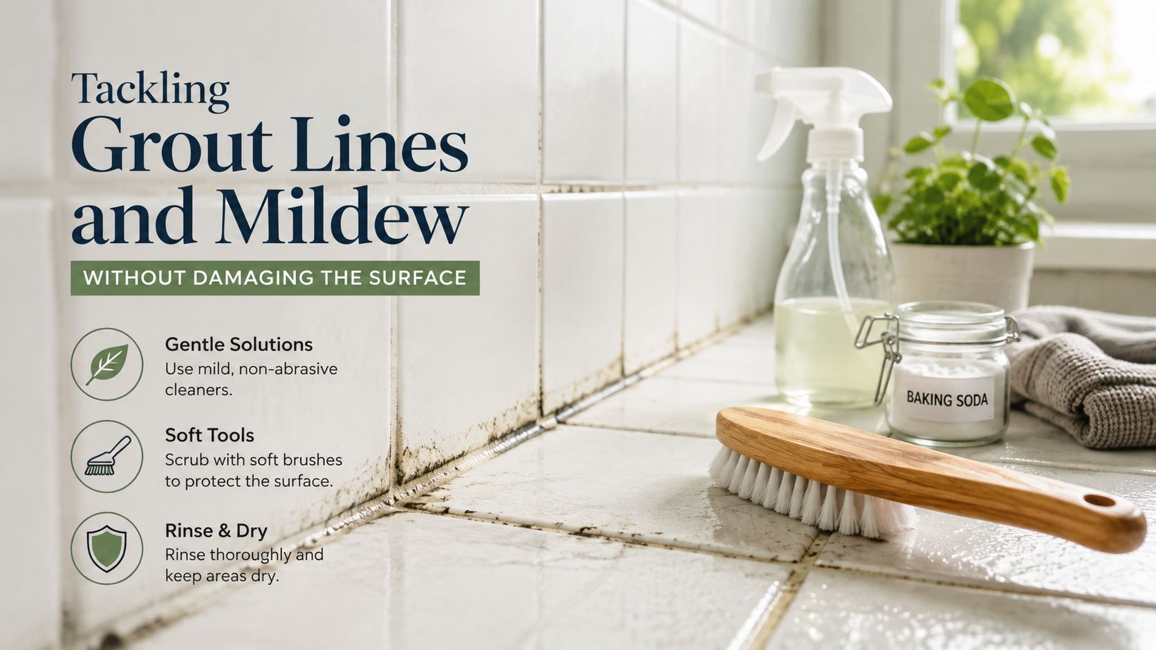 An instructional graphic showing tips for cleaning grout and mildew from bathroom tile surfaces using gentle tools.