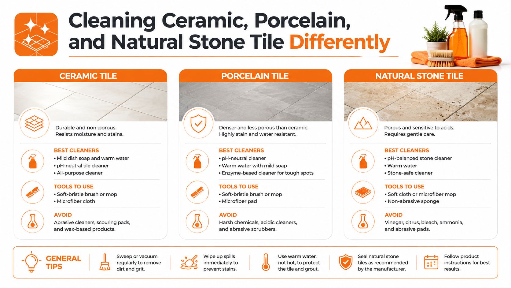 A helpful infographic comparing cleaning methods and maintenance tips for ceramic, porcelain, and natural stone floor tiles.
