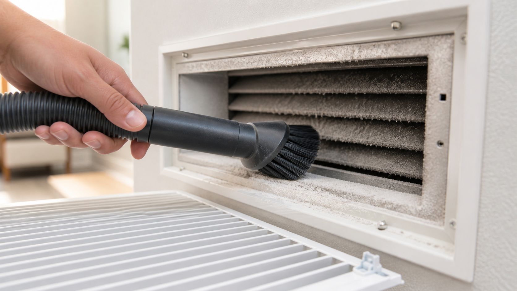 A person using a vacuum cleaner attachment to remove thick dust from a home air vent grill.
