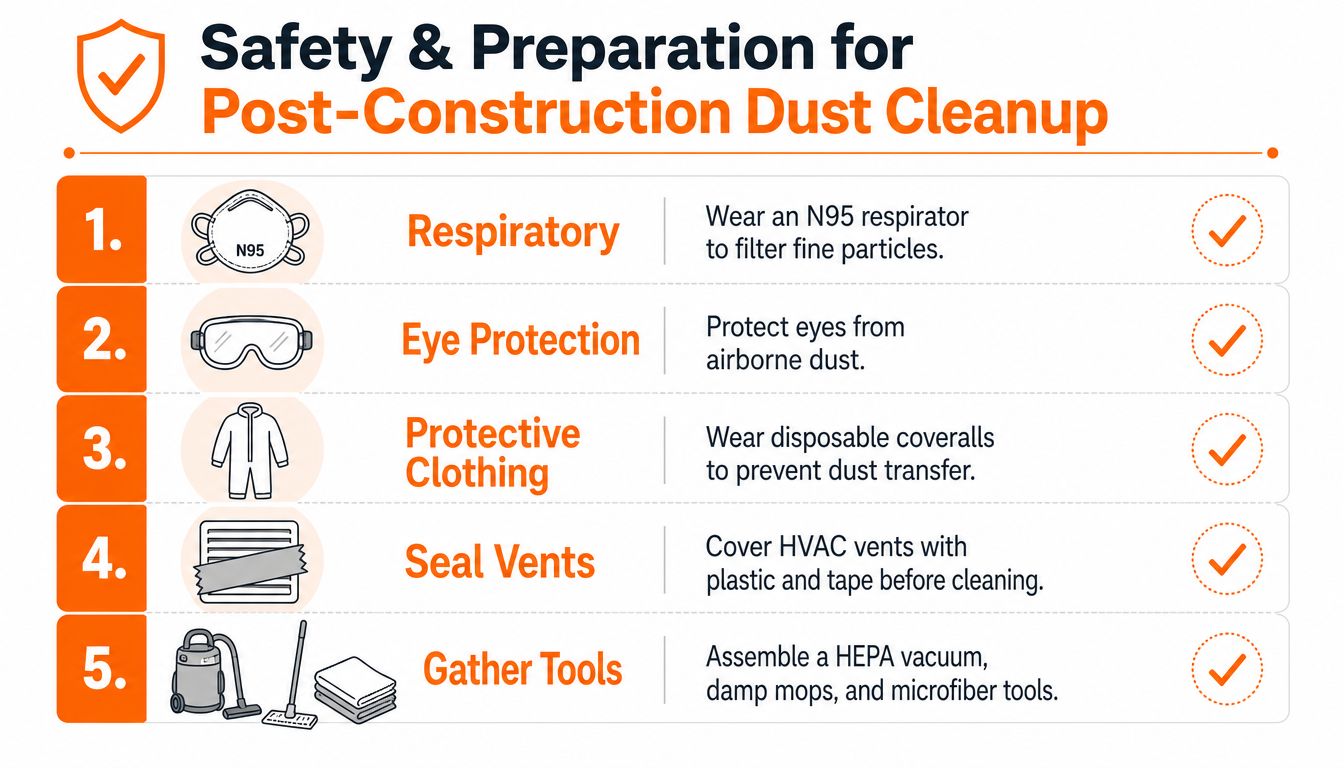 A safety checklist infographic for cleaning up post-construction dust, featuring essential protective equipment and cleanup preparation steps.