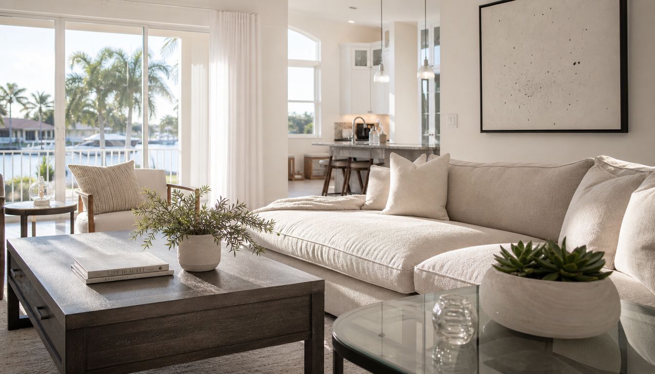 A brightly lit, modern luxury living room with a large sofa, coffee table, and open floor plan.