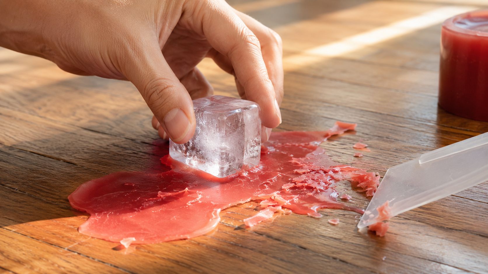 A person holding an ice cube over hardened red candle wax spilled on a wooden floor.