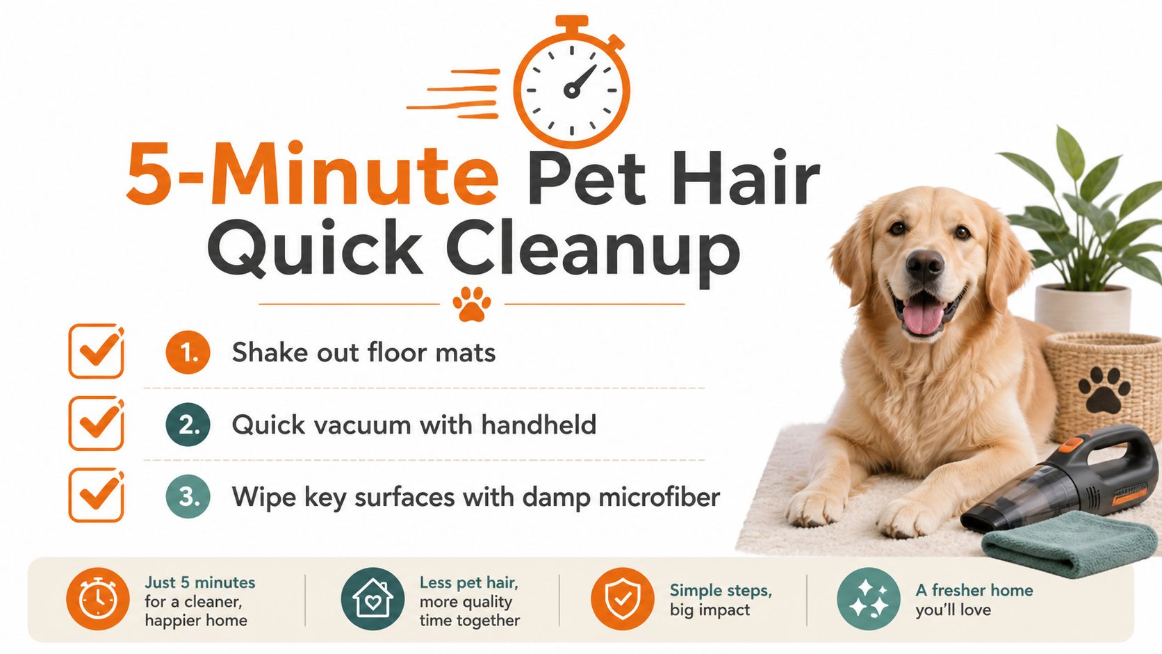 A golden retriever sitting on a rug next to a handheld vacuum and a cleaning cloth.