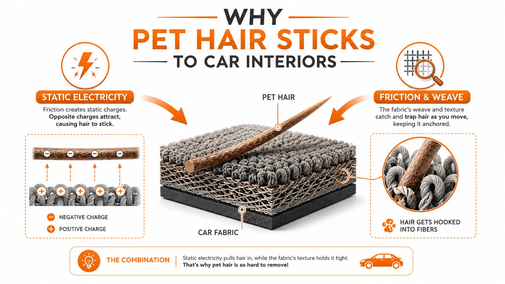 An infographic explaining why pet hair clings to car upholstery through static electricity and fabric texture.