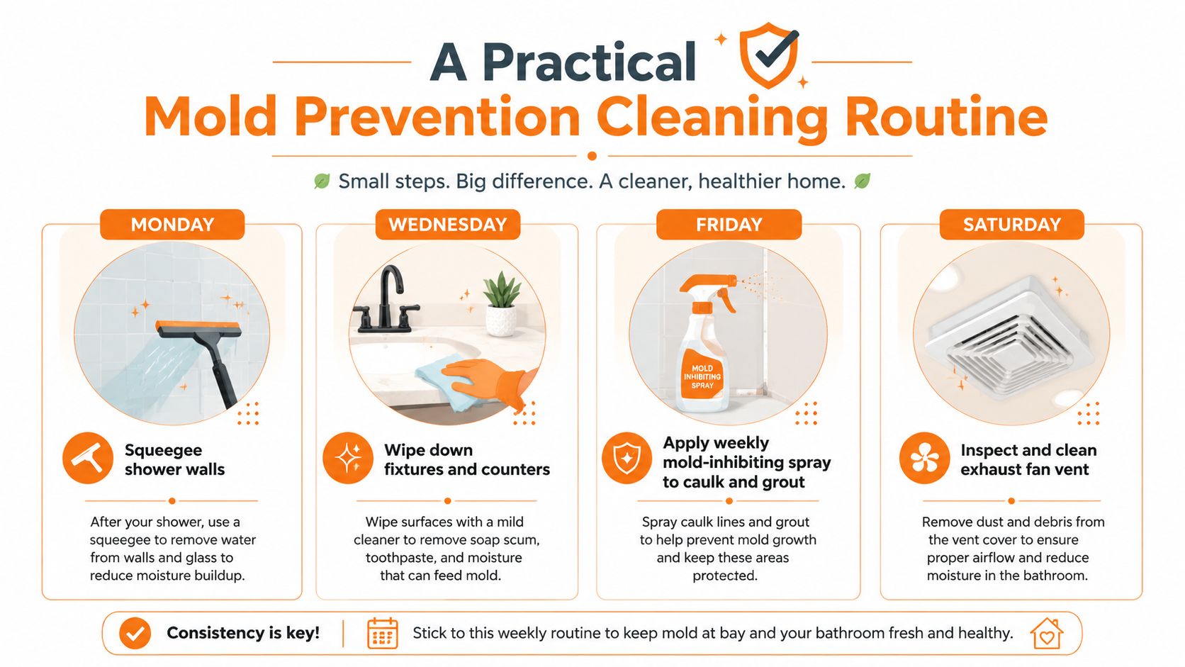 An infographic showing a weekly household cleaning routine to prevent bathroom mold with daily task suggestions.