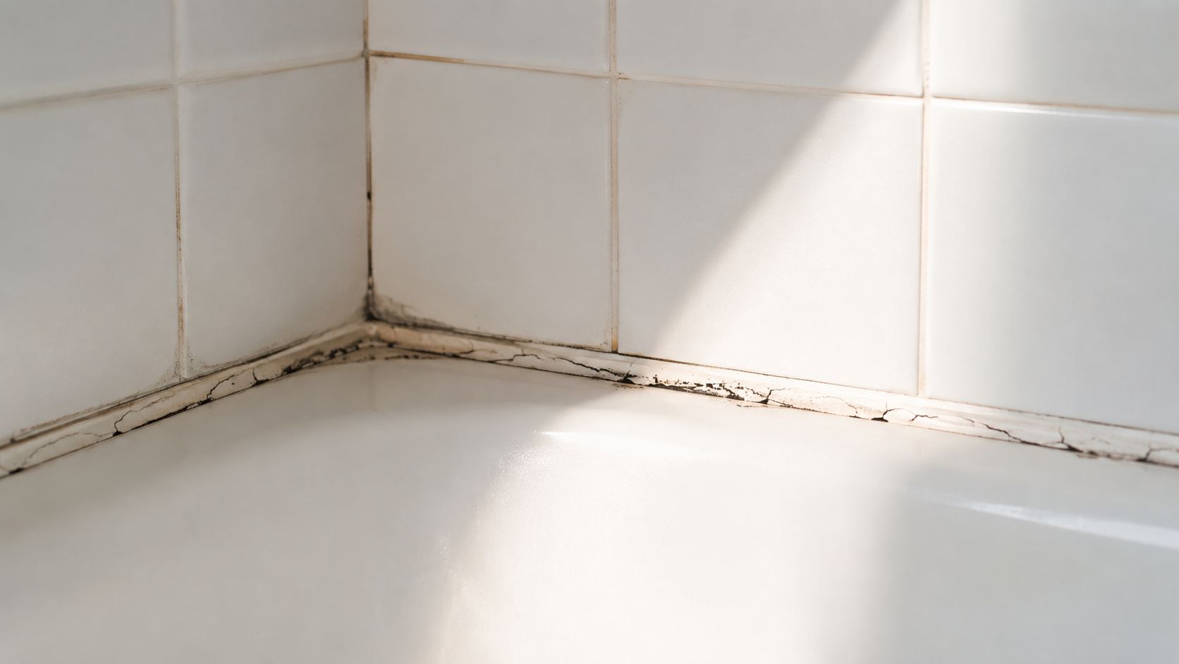 Cracked and moldy silicone sealant along the corner edge of a white bathroom tile wall and bathtub.