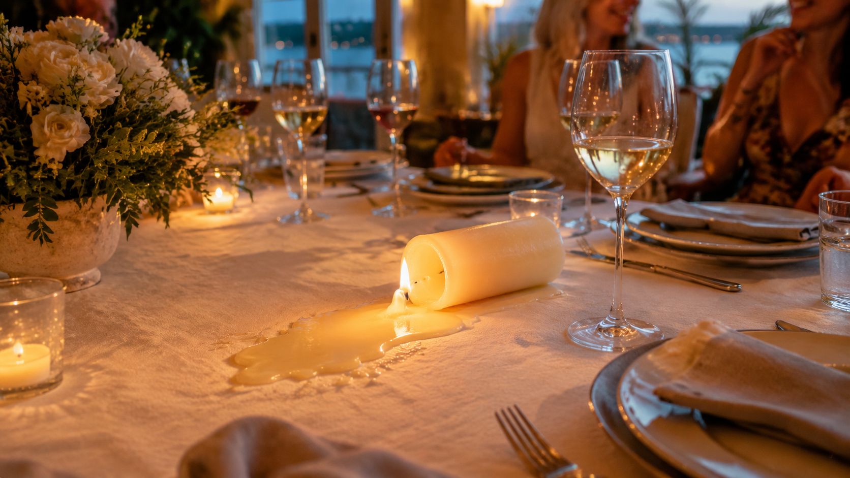 A lit pillar candle lying on its side, melting wax onto a white tablecloth during a dinner party.