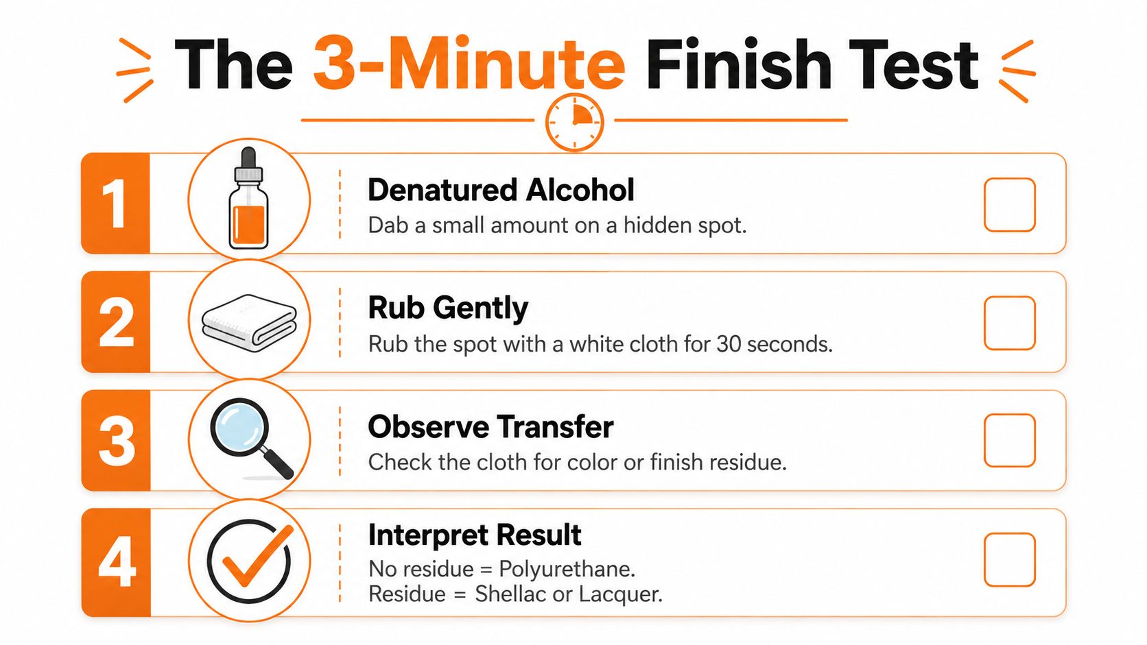An instructional graphic titled The 3-Minute Finish Test outlining four steps to identify wood finishes using denatured alcohol.
