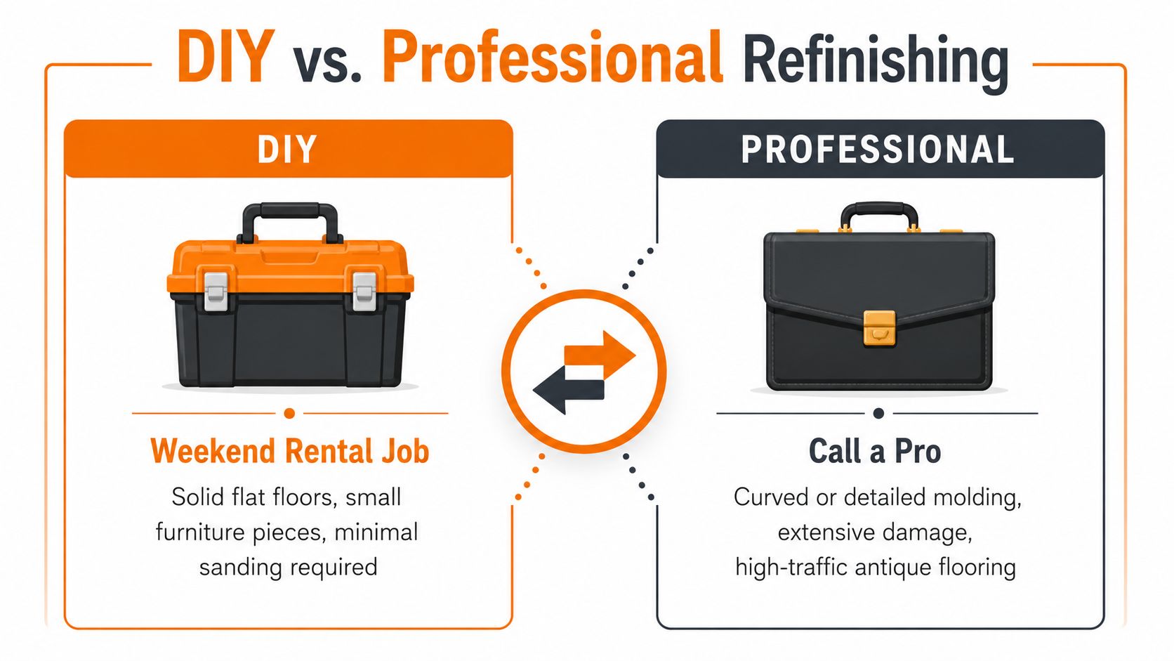 A graphic comparing DIY versus professional wood refinishing services, highlighting the best scenarios for each approach.