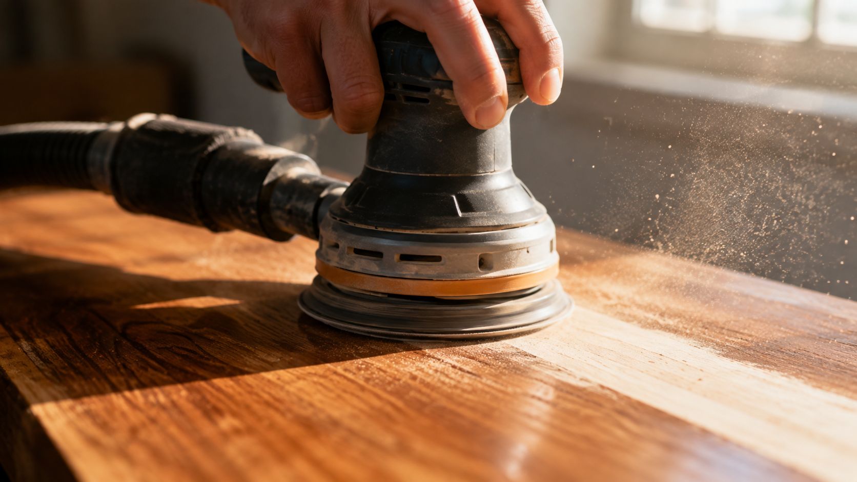 A close up view of a hand using an electric orbital sander to remove finish from wood.